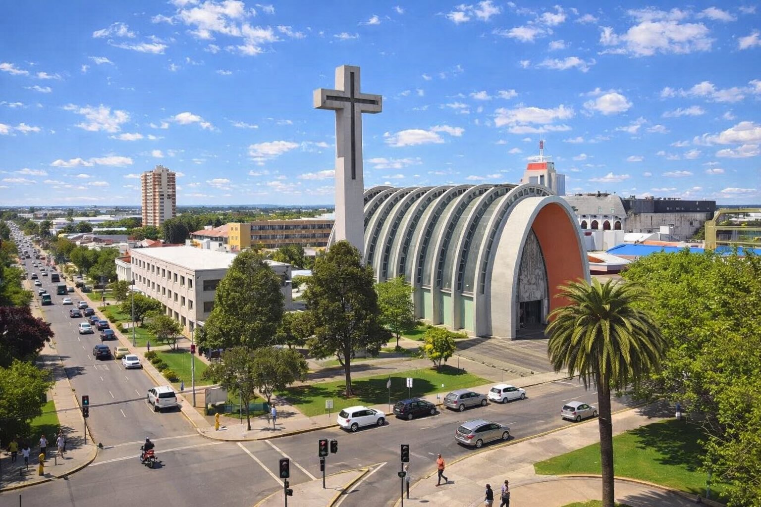 Vista aérea del centro de Chillán con la Plaza de Armas, la Catedral y edificios urbanos en un día soleado